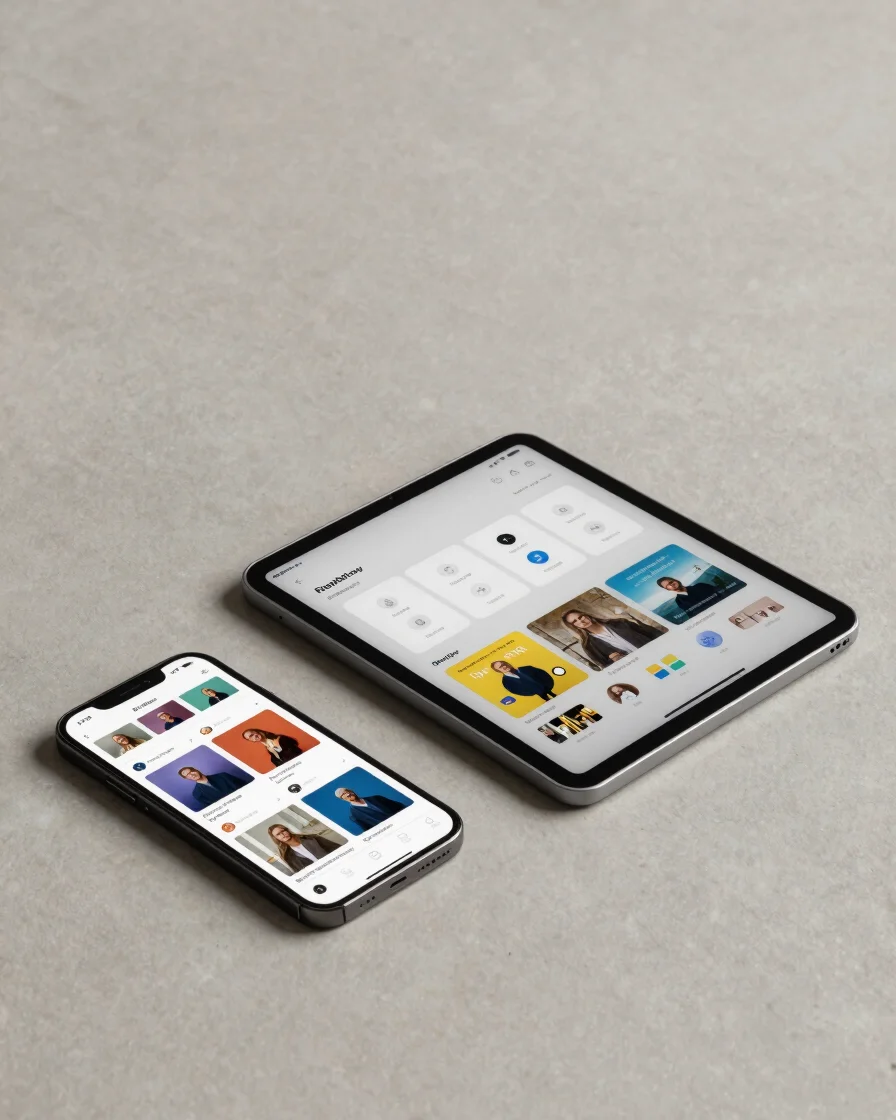 Editorial overhead arrangement of two tablets and a phone with distinct app interfaces, neutral slate background, soft e