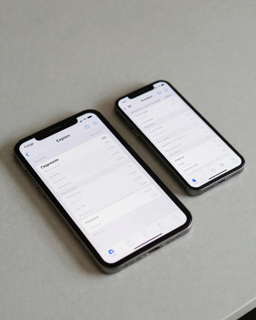 Crisp overhead view of a tablet and phone showing a clean expense tracker interface on a neutral slate desk, soft even s