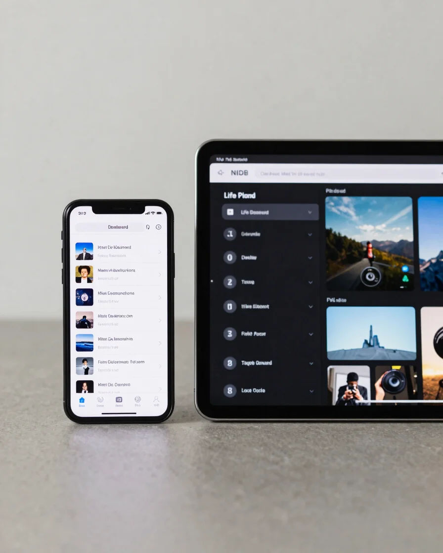 Wide editorial studio shot of a phone and tablet side by side on